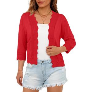 imageGRECERELLE Womens 34 Sleeve Summer Lightweight Knit Cropped Shrugs Cardigan SweaterRed