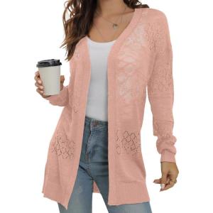 imageGRECERELLE Womens Lightweight Crochet Long Sleeve Loose Casual Open Front Cardigan Drape Sweaters Boho Summer Beach CoverupsCoral Pink