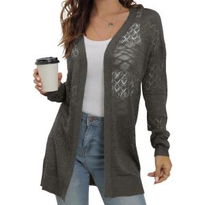 imageGRECERELLE Womens Lightweight Crochet Long Sleeve Loose Casual Open Front Cardigan Drape Sweaters Boho Summer Beach CoverupsDark Gray