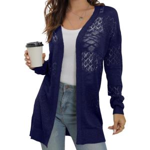 imageGRECERELLE Womens Lightweight Crochet Long Sleeve Loose Casual Open Front Cardigan Drape Sweaters Boho Summer Beach CoverupsNavy Blue