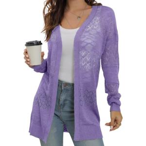 imageGRECERELLE Womens Lightweight Crochet Long Sleeve Loose Casual Open Front Cardigan Drape Sweaters Boho Summer Beach CoverupsPurple Gray