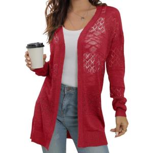 imageGRECERELLE Womens Lightweight Crochet Long Sleeve Loose Casual Open Front Cardigan Drape Sweaters Boho Summer Beach CoverupsRed