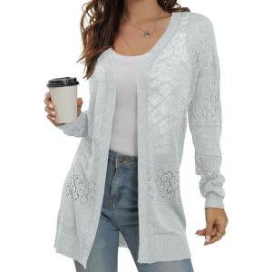 imageGRECERELLE Womens Lightweight Crochet Long Sleeve Loose Casual Open Front Cardigan Drape Sweaters Boho Summer Beach CoverupsSilver Gray
