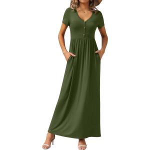 imageGRECERELLE Womens Long Maxi Dresses 2025 Short Sleeve V Neck Casual Summer Button Dress with PocketsAmry Green