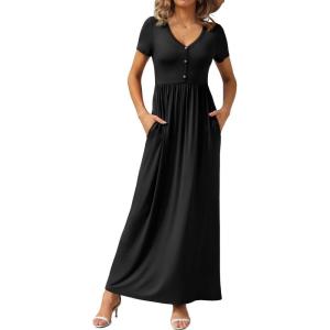 imageGRECERELLE Womens Long Maxi Dresses 2025 Short Sleeve V Neck Casual Summer Button Dress with PocketsBlack