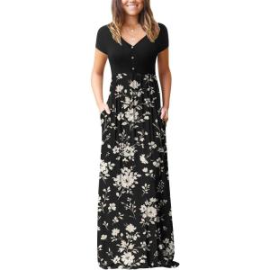 imageGRECERELLE Womens Long Maxi Dresses 2025 Short Sleeve V Neck Casual Summer Button Dress with PocketsBlack White Flower