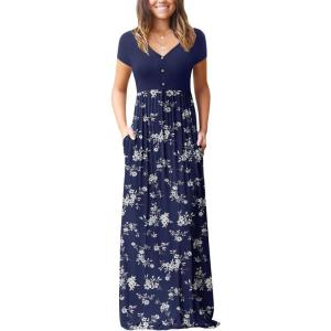 imageGRECERELLE Womens Long Maxi Dresses 2025 Short Sleeve V Neck Casual Summer Button Dress with PocketsBlue Small Flower