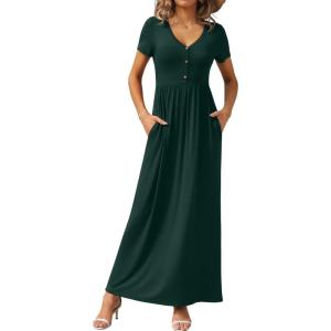 imageGRECERELLE Womens Long Maxi Dresses 2025 Short Sleeve V Neck Casual Summer Button Dress with PocketsDrak Green