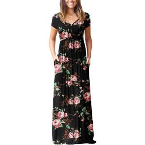 imageGRECERELLE Womens Long Maxi Dresses 2025 Short Sleeve V Neck Casual Summer Button Dress with PocketsFlower Broken Rose Black