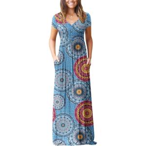 imageGRECERELLE Womens Long Maxi Dresses 2025 Short Sleeve V Neck Casual Summer Button Dress with PocketsFlower Colorful Round Blue