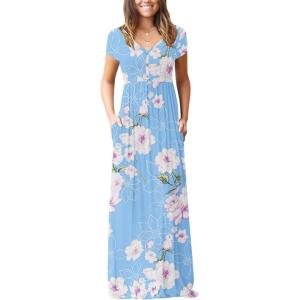imageGRECERELLE Womens Long Maxi Dresses 2025 Short Sleeve V Neck Casual Summer Button Dress with PocketsFlower Kapok Light Blue