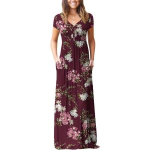 imageGRECERELLE Womens Long Maxi Dresses 2025 Short Sleeve V Neck Casual Summer Button Dress with PocketsFlower Lagerstroemia Wine