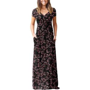 imageGRECERELLE Womens Long Maxi Dresses 2025 Short Sleeve V Neck Casual Summer Button Dress with PocketsFlower Mantian March Red