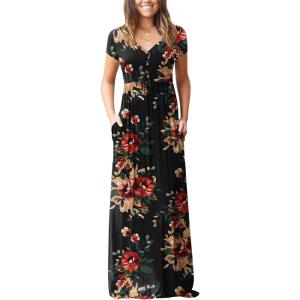 imageGRECERELLE Womens Long Maxi Dresses 2025 Short Sleeve V Neck Casual Summer Button Dress with PocketsFlower Red Brown Black