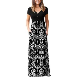 imageGRECERELLE Womens Long Maxi Dresses 2025 Short Sleeve V Neck Casual Summer Button Dress with PocketsFlowers Black White