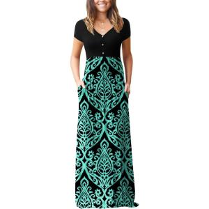 imageGRECERELLE Womens Long Maxi Dresses 2025 Short Sleeve V Neck Casual Summer Button Dress with PocketsFlowers Blue Green