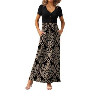 imageGRECERELLE Womens Long Maxi Dresses 2025 Short Sleeve V Neck Casual Summer Button Dress with PocketsFlowers Khaki