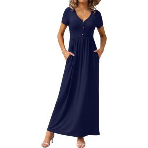 imageGRECERELLE Womens Long Maxi Dresses 2025 Short Sleeve V Neck Casual Summer Button Dress with PocketsNavy Blue