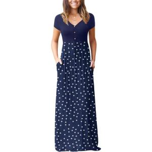 imageGRECERELLE Womens Long Maxi Dresses 2025 Short Sleeve V Neck Casual Summer Button Dress with PocketsPolka Dot White Navy