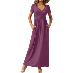 imageGRECERELLE Womens Long Maxi Dresses 2025 Short Sleeve V Neck Casual Summer Button Dress with PocketsRed Gray