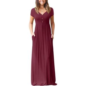 imageGRECERELLE Womens Long Maxi Dresses 2025 Short Sleeve V Neck Casual Summer Button Dress with PocketsWine Red