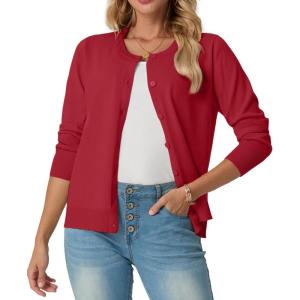 imageGRECERELLE Womens Long Sleeve Lightweight Crewneck Casual Cardigan Sweater S2XLRed