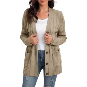 imageGRECERELLE Womens Long Sleeve Loose Knit Cable Open Front Button Down Cardigan Sweater Outerwear Coat with Pockets01khaki