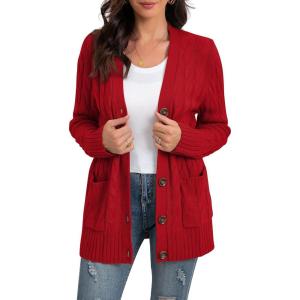 imageGRECERELLE Womens Long Sleeve Loose Knit Cable Open Front Button Down Cardigan Sweater Outerwear Coat with Pockets10red