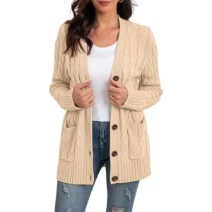imageGRECERELLE Womens Long Sleeve Loose Knit Cable Open Front Button Down Cardigan Sweater Outerwear Coat with Pockets23beige
