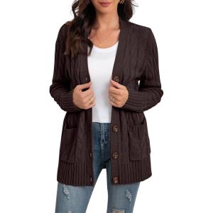 imageGRECERELLE Womens Long Sleeve Loose Knit Cable Open Front Button Down Cardigan Sweater Outerwear Coat with Pockets24coffee