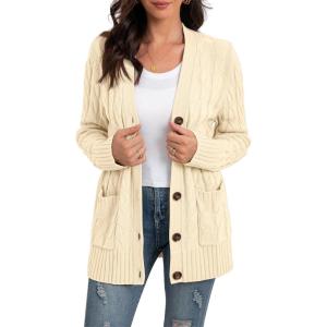imageGRECERELLE Womens Long Sleeve Loose Knit Cable Open Front Button Down Cardigan Sweater Outerwear Coat with Pockets27off White