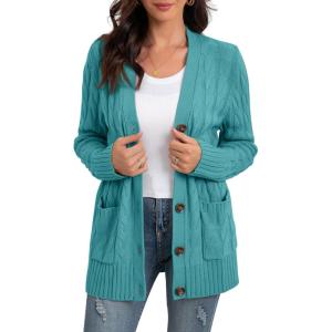 imageGRECERELLE Womens Long Sleeve Loose Knit Cable Open Front Button Down Cardigan Sweater Outerwear Coat with PocketsBlue Green