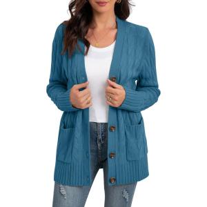 imageGRECERELLE Womens Long Sleeve Loose Knit Cable Open Front Button Down Cardigan Sweater Outerwear Coat with PocketsCyan Blue