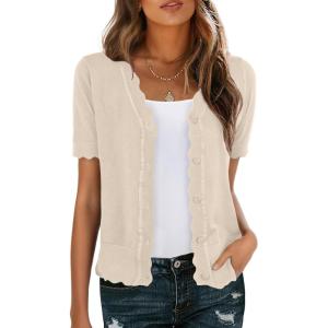 imageGRECERELLE Womens Summer Lightweight Short Sleeve Cropped Cardigan VNeck Knit Sweater Shrug for DressyApricot