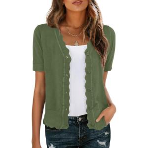 imageGRECERELLE Womens Summer Lightweight Short Sleeve Cropped Cardigan VNeck Knit Sweater Shrug for DressyArmy Green