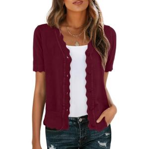 imageGRECERELLE Womens Summer Lightweight Short Sleeve Cropped Cardigan VNeck Knit Sweater Shrug for DressyBurgundy