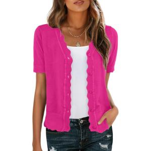 imageGRECERELLE Womens Summer Lightweight Short Sleeve Cropped Cardigan VNeck Knit Sweater Shrug for DressyHot Pink