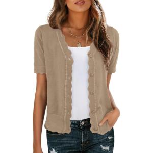 imageGRECERELLE Womens Summer Lightweight Short Sleeve Cropped Cardigan VNeck Knit Sweater Shrug for DressyKhaki