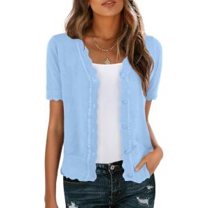 imageGRECERELLE Womens Summer Lightweight Short Sleeve Cropped Cardigan VNeck Knit Sweater Shrug for DressyLight Blue