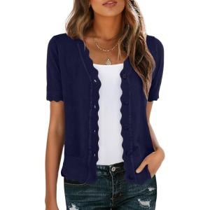 imageGRECERELLE Womens Summer Lightweight Short Sleeve Cropped Cardigan VNeck Knit Sweater Shrug for DressyNavy Blue