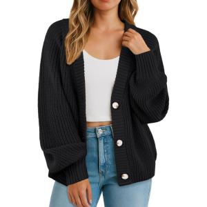imageGRECERELLE Womens Chunky Open Front Long Sleeve VNeck Button Knit Loose Cardigan Sweater Outerwear S2XLAblack