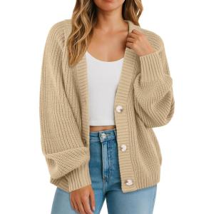 imageGRECERELLE Womens Chunky Open Front Long Sleeve VNeck Button Knit Loose Cardigan Sweater Outerwear S2XLApricot