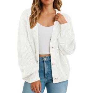 imageGRECERELLE Womens Chunky Open Front Long Sleeve VNeck Button Knit Loose Cardigan Sweater Outerwear S2XLBeige White