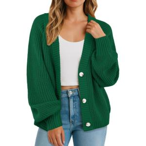 imageGRECERELLE Womens Chunky Open Front Long Sleeve VNeck Button Knit Loose Cardigan Sweater Outerwear S2XLDark Green