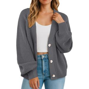 imageGRECERELLE Womens Chunky Open Front Long Sleeve VNeck Button Knit Loose Cardigan Sweater Outerwear S2XLGray