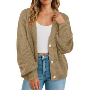 imageGRECERELLE Womens Chunky Open Front Long Sleeve VNeck Button Knit Loose Cardigan Sweater Outerwear S2XLKhaki