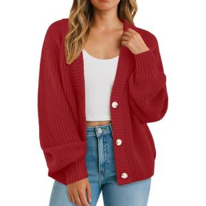 imageGRECERELLE Womens Chunky Open Front Long Sleeve VNeck Button Knit Loose Cardigan Sweater Outerwear S2XLRed