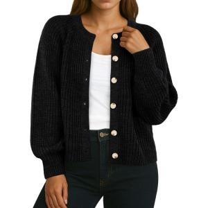 imageGRECERELLE Womens Chunky Open Front Sweater Long Sleeve Button Knit Short Loose Cardigan Outerwear S2XLAblack