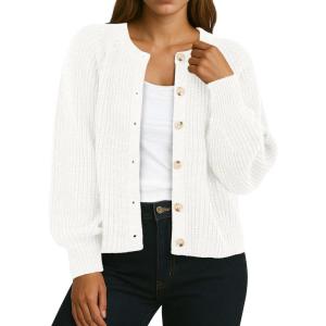 imageGRECERELLE Womens Chunky Open Front Sweater Long Sleeve Button Knit Short Loose Cardigan Outerwear S2XLBeige White