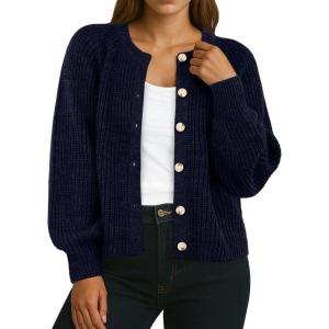imageGRECERELLE Womens Chunky Open Front Sweater Long Sleeve Button Knit Short Loose Cardigan Outerwear S2XLNavy Blue